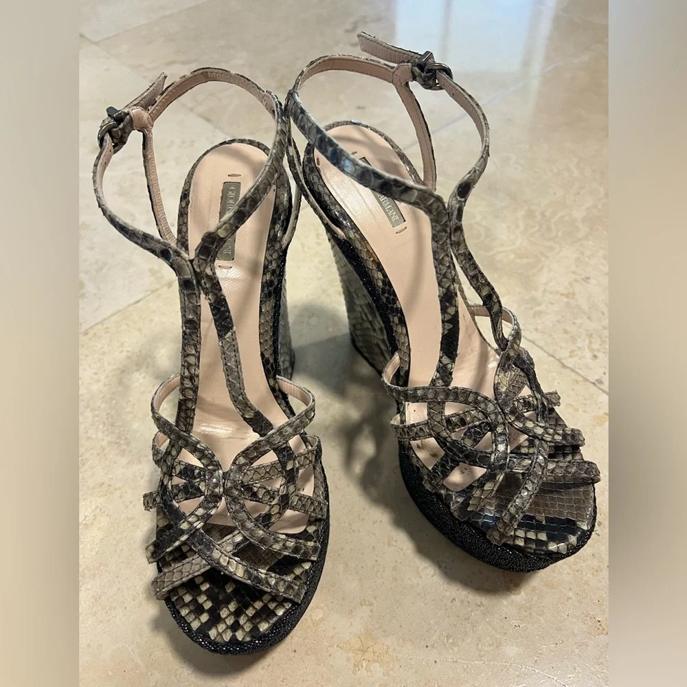 Giorgio Armani snake skin wedge platform sandal in gray and pewter colors